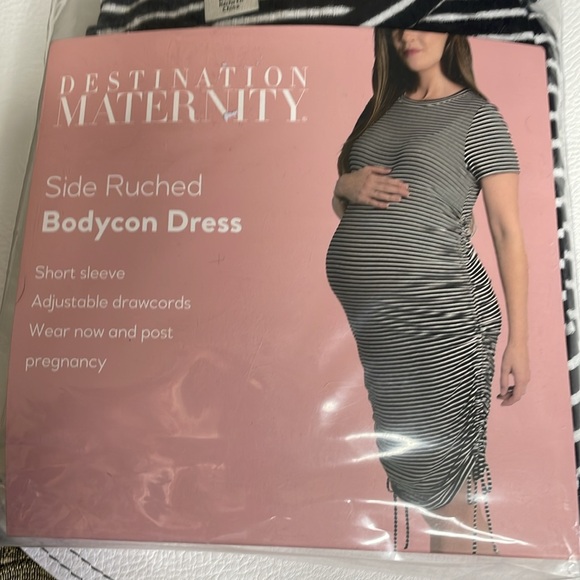 Destination Maternity Dresses & Skirts - Side Ruched Destination Maternity Bodycon Black and White Striped Dress NWT